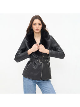 Madame - Faux Fur Collar Black Pu Leather Jacket