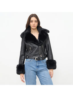 Madame - Faux Fur Notch Lapel Collar Black Pu Leather Jacket