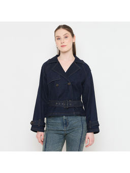 Madame - Faux Fur Collar and Sleeve Trim Blue Denim Jacket with Belt