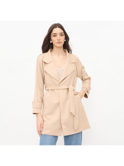 Madame - Beige Trench Coat with Lapel Notch Neckline and Belt