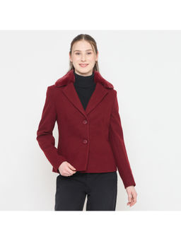 Madame - Maroon Short Coat with Faux Fur Notched Lapel Neckline