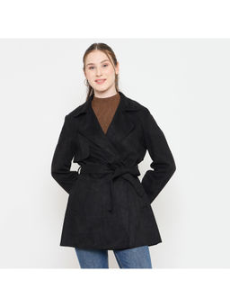 Madame - Black Coat with Notched Lapel Collar and Belt
