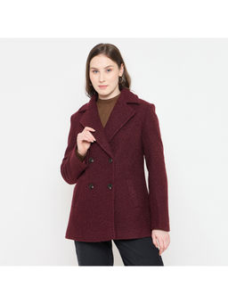 Madame - Double Breasted Buttons and Notched Collar Maroon Coat