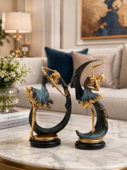 ELARE - Ballet Dancer Resin Figurine Pack Of 2 - Gold & Blue