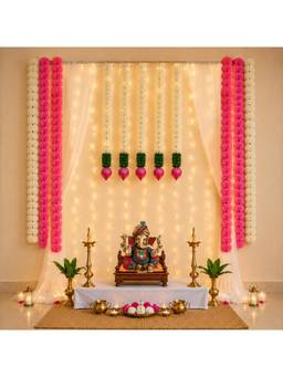Special You - 14 Pcs Ganesh Chaturthi Kit With Pink Curtain Backdrop & Green Vines