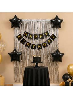 Special You - Silver Fringe Curtain Kit With Black Banner & Star Foil Balloons (5 Pcs)