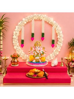 Special You - Ganpati Kit With White Round Stand, Lotus Bud Hangings & White Marigold Garlands