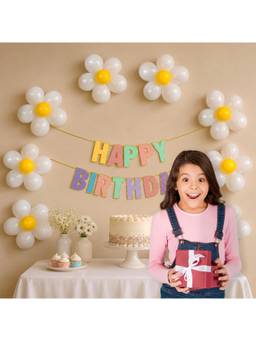 Special You - Pastel White Birthday Kit With White- Yellow Balloons, Flower Clips & Banner (58 Pcs)