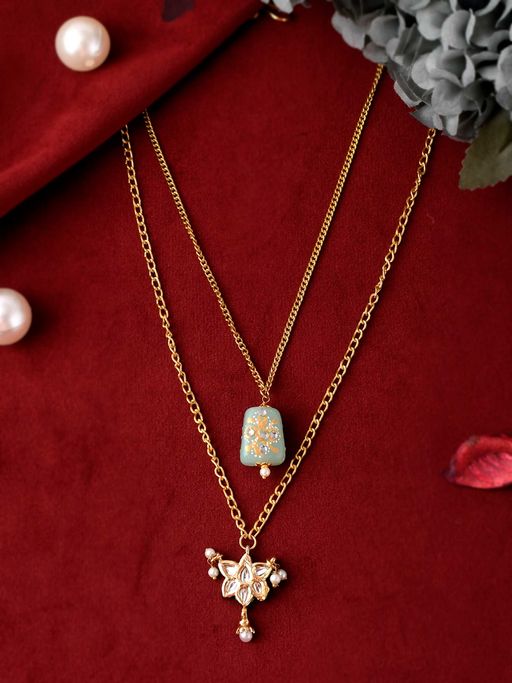 Shoshaa Gold-Toned Green tanjore Stone 2 laye red Necklace