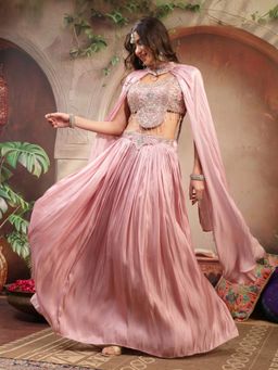 Stylum - Women Pink Embroidered Silk Lehenga with Choli and Cape