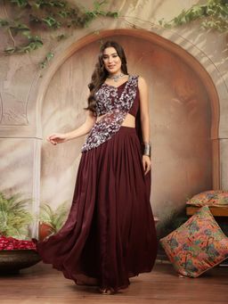 Stylum - Women Burgundy Embroidered Lehenga and Choli with Attached Dupatta