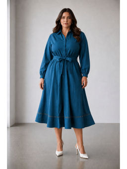 Virgio - Women Green Solid Cotton Shirt Plus Size Dress with Belt