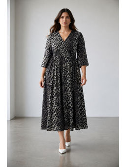 Virgio - Women Black Animal Print Viscose V-Neck Maxi Plus Size Dress