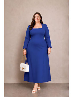 Virgio - Women Blue Solid Tencel A-Line Plus Size Dress with Square Neck