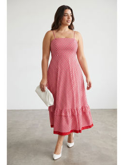 Virgio - Women Pink Checked Linen Checkerboard Maxi Plus Size Dress