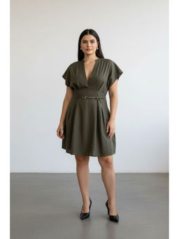 Virgio - Women Olive Solid Cotton Belted Pleated Knee Length Plus Size Dress