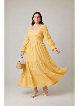 Virgio - Women Yellow Checked Cotton Fit and Flare Tier Plus Size Dress