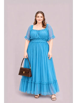 Virgio - Women Blue Solid Viscose Gathered Ruffle Maxi Plus Size Dress