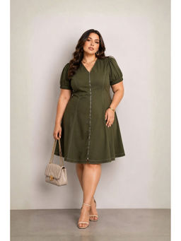 Virgio - Women Olive Solid Cotton Fit and Flared Knee Length Plus Size Dress