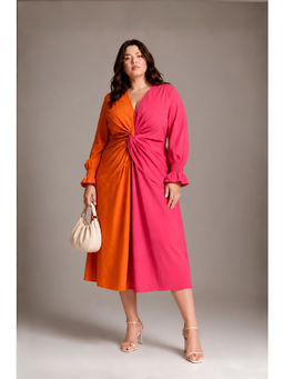 Virgio - Women Orange Colourblocked Cotton Colorblock Midi Plus Size Dress
