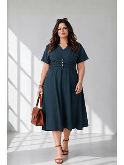 Virgio - Women Teal Solid Cotton V-Neck Fit and Flared Plus Size Dress