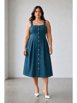 Virgio - Women Teal Solid Cotton Lace Patch Plus Size Dress