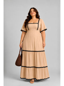 Virgio - Women Beige Solid Cotton Tiered Flared Sleeve Plus Size Dress