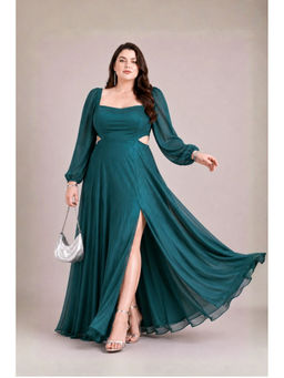 Virgio - Women Teal Solid Viscose Fit and Flare Plus Size Dress with Cutouts