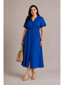 Virgio - Women Blue Solid Viscose Button Down Midi Shirt Plus Size Dress