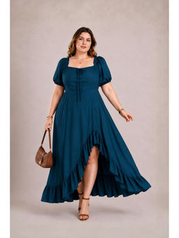 Virgio - Women Teal Solid Viscose High-Low Maxi Plus Size Dress