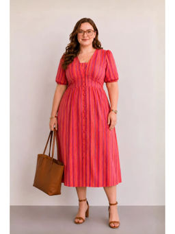 Virgio - Women Orange Striped Cotton Striped Puff Sleeve Midi Plus Size Dress