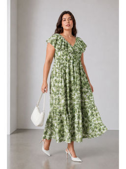 Virgio - Women Green Tropical Cotton Floral Maxi Plus Size Dress