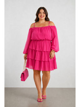 Virgio - Women Pink Solid Viscose Tiered Off Shoulder Knee Length Plus Size Dress
