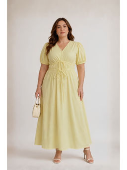 Virgio - Women Yellow Solid Viscose V Neck Maxi Plus Size Dress