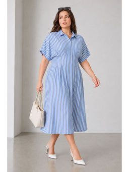 Virgio - Women Blue Striped Cotton Pleated Button Shirt Plus Size Dress