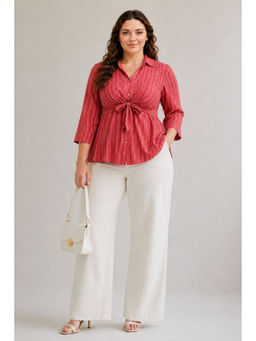 Virgio - Red Women Striped Cotton Plus Size Tie-Up Shirt