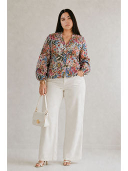Virgio - Multi-Color Women Floral Cotton V-Neck Full Sleeve Plus Size Top