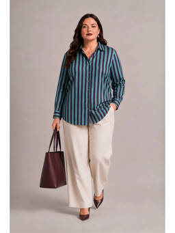 Virgio - Blue Women Striped Viscose Relaxed Button-Down Plus Size Shirt