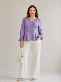 Virgio - Lavender Women Solid Viscose V Neck Lace Patch Plus Size Top