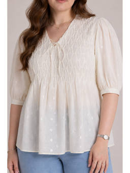 Virgio - Off White Women Self Design Cotton Pintuck Plus Size Top