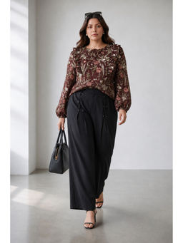 Virgio - Brown Women Tropical Cotton Ruffled Peplum Plus Size Top
