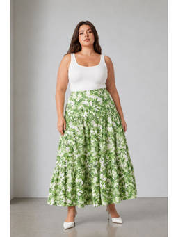 Virgio - Green Women Tropical Cotton Tiered Flared Plus Size Skirt