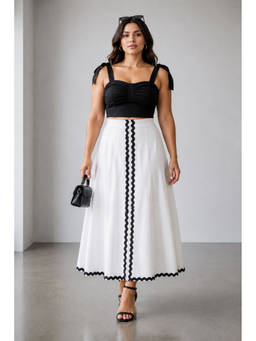 Virgio - White Women Solid Viscose Contrast Lace Maxi Plus Size Skirt
