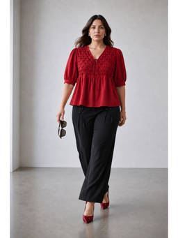 Virgio - Red Women Solid Cotton Pintuck Plus Size Top