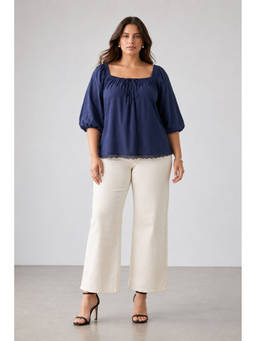 Virgio - Navy Blue Women Solid Cotton Off Shoulder Plus Size Top
