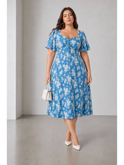 Virgio - Women Blue Floral Viscose Fit And Flare Midi Plus Size Dress