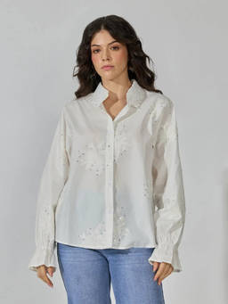 SHOWOFFFF - Women's White Floral Embroidered Lace Collar and Sequin Detail Shirt