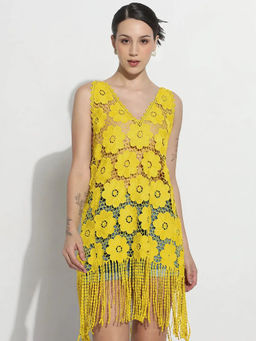 SHOWOFFFF - Women's Floral Yellow V-Neck Longline Crochet Top