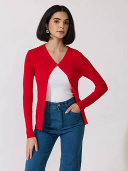 SHOWOFFFF - Women's Knitted Red with Button Detail Shrug