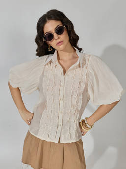 SHOWOFFFF - Women's Ruffle Cream Puff Sleeve Shirt with Inner Spaghetti